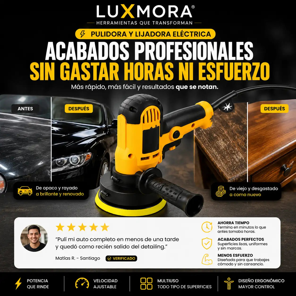 Pulidora y Lijadora Eléctrica LuxMora™ para madera, metal, autos y más.
