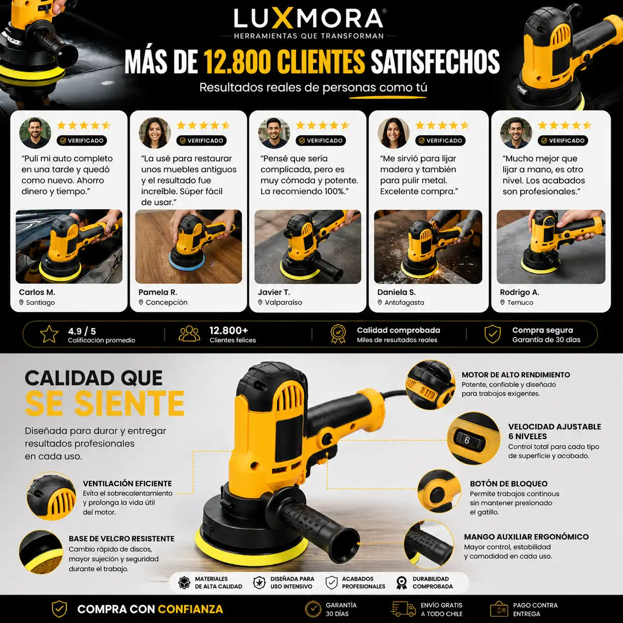 Pulidora y Lijadora Eléctrica LuxMora™ para madera, metal, autos y más.